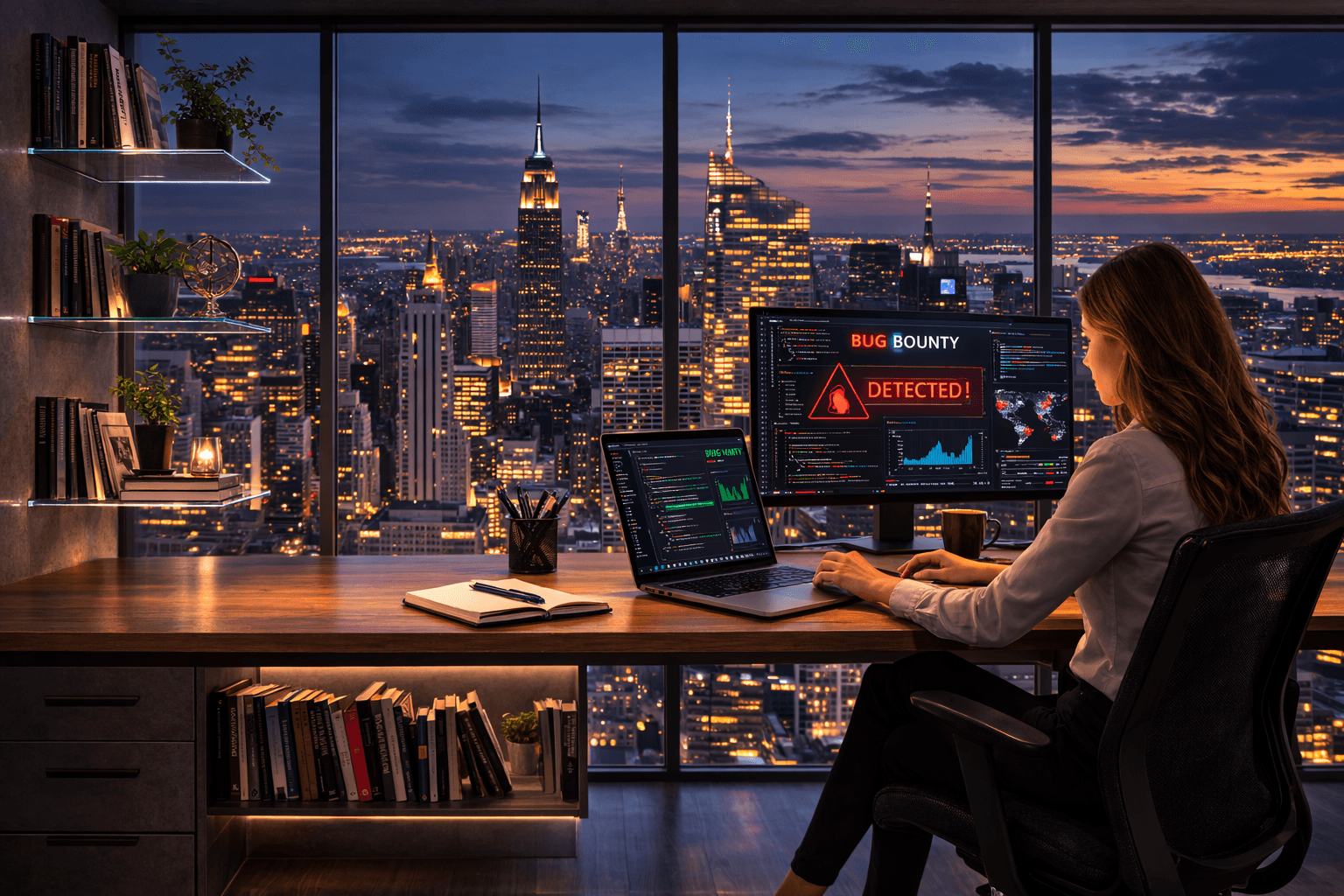 An AI-generated illustration of a night-time coding desk: a person working at a laptop beside an external monitor showing dashboards, with a city skyline through the window.