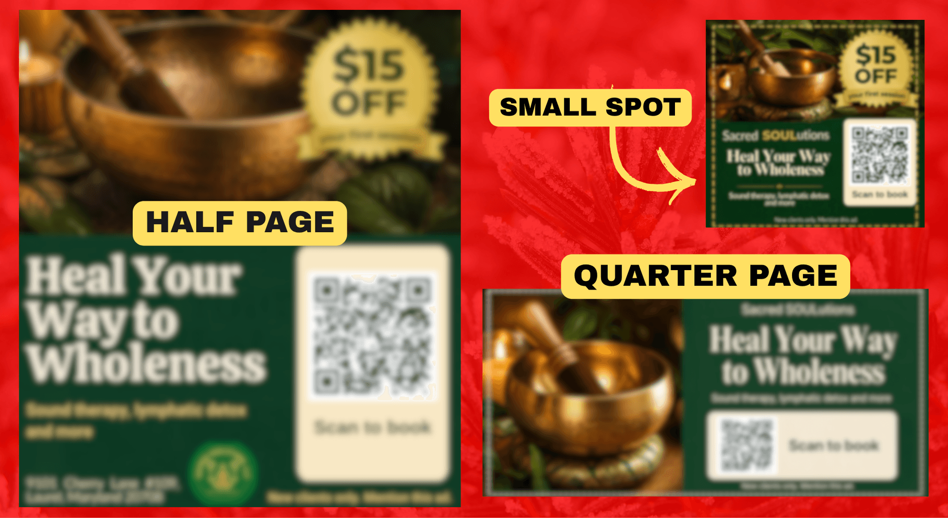 Half page, quarter page, and small spot sizes shown on the postcard